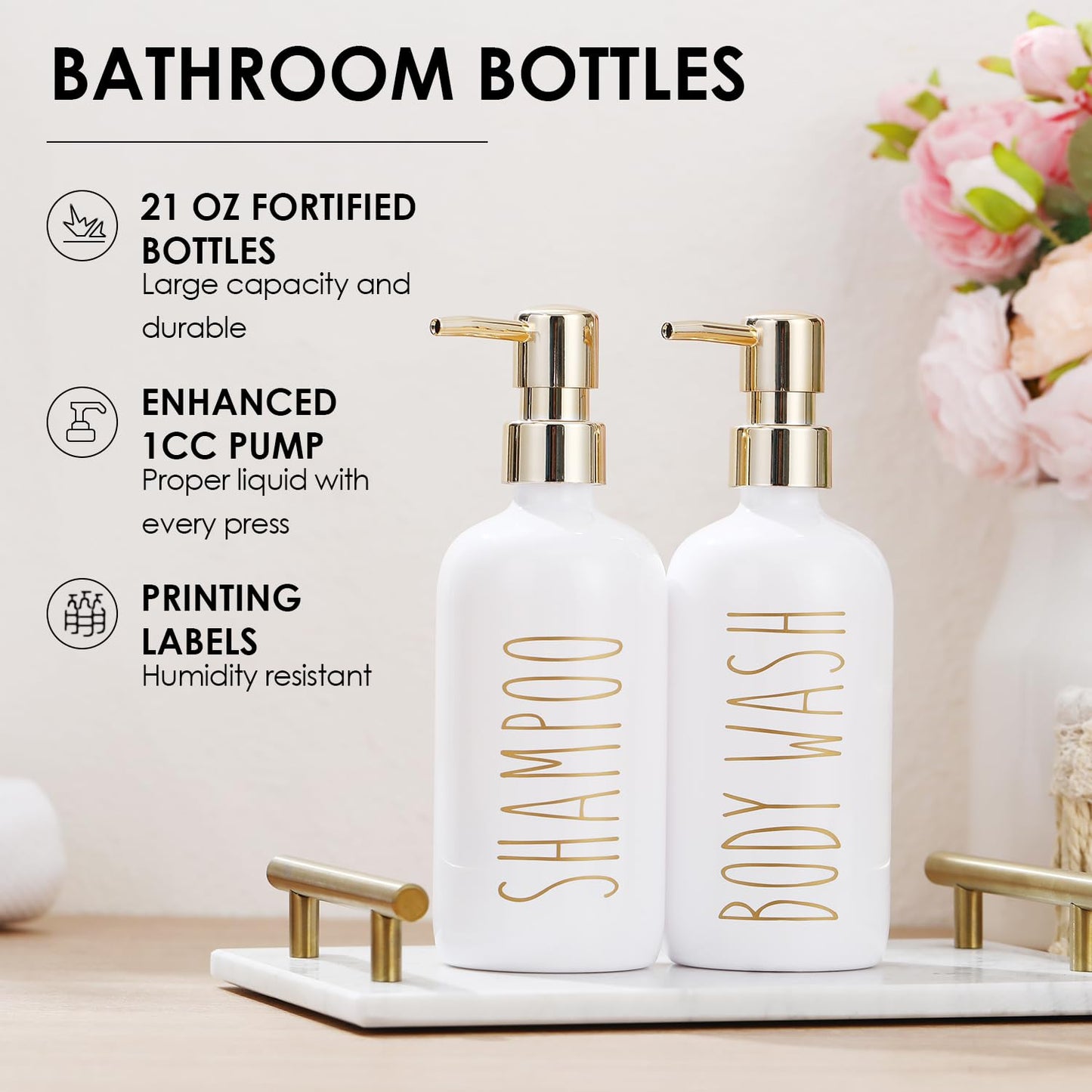 HOMCDALY Shampoo and Conditioner Dispenser Set of 3, 21oz Shower Soap Bottles with Pump, Refillable Shampoo Conditioner Body Wash Dispenser, Bathroom Shower Shampoo Bottles, Shampoo Container(P-Gold)