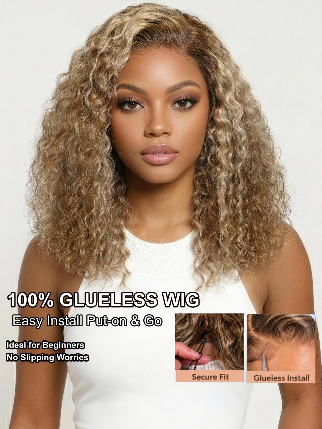 UNICE Glueless Curly Bob Wig Human Hair, Honey Blonde Highlight Side Part Short Bob Wig, 7x5 Lace Front Wig Pre Plucked Bleached Knots, Drawstring Wig Ready to Go, 180% Density 10 Inch