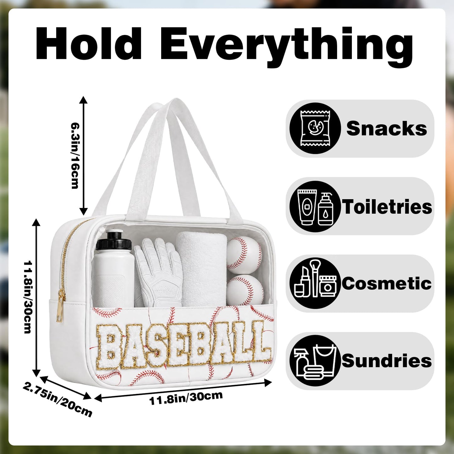 PPeen Baseball Mom Essentials Baseball Team Gifts Makeup Cosmetic Bag Clear Chenille Letter Zipper Pouch Stuff Sport Portable Travel Case