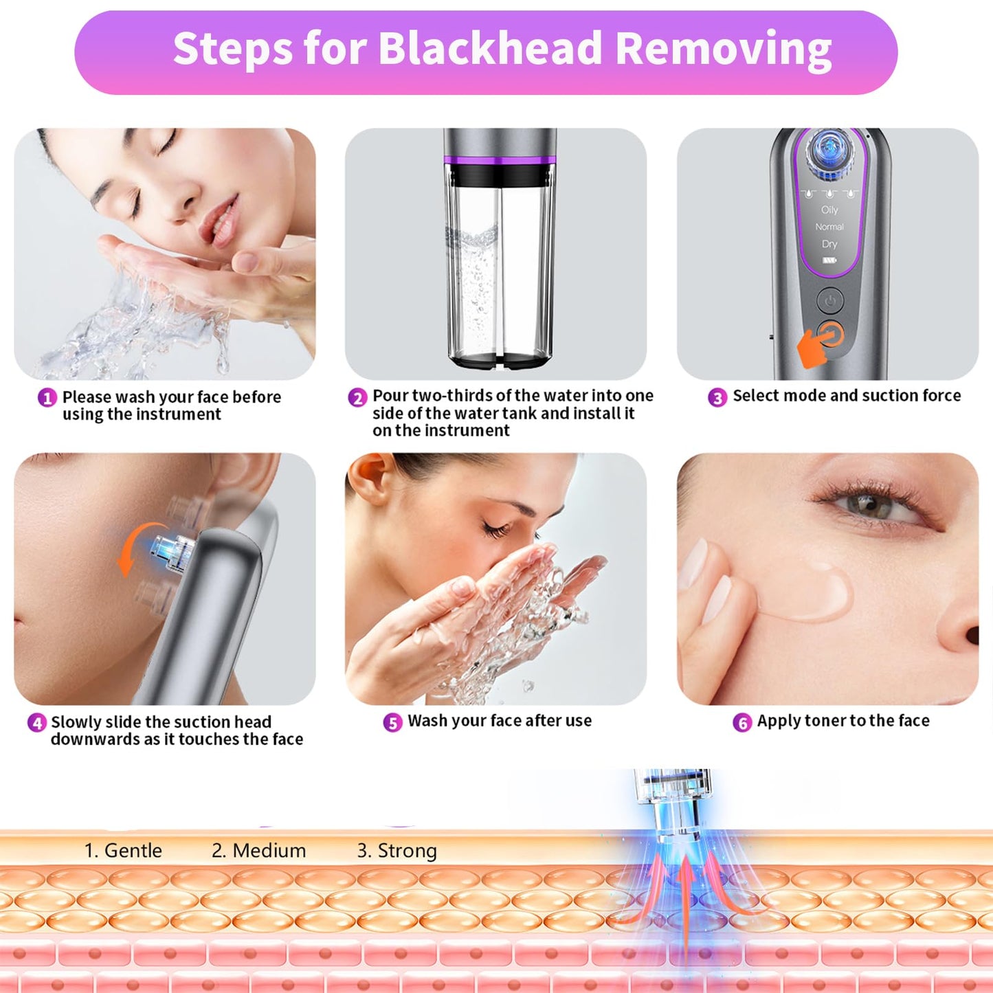 Blackhead Remover Vacuum with Microbubble Cleaning, Facial Pore Extractor & Pro Cleanser Tool, 3 Suction Levels, 5 Replaceable Heads for Deep Cleansing & Skin Care