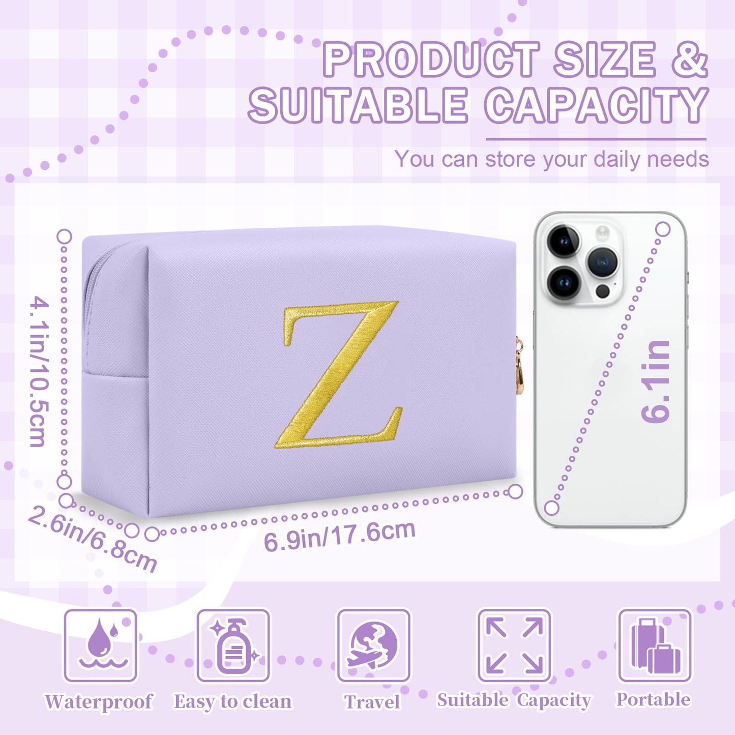 Personalized Gift Initial Makeup Bag,Preppy Gold Embroidered Letter Cosmetic Bag Stocking Stuffers for Teen Girls,Small Travel Toiletry Bag,Custom Christmas Birthday Gift for Women Mom Kids(Purple-Z)