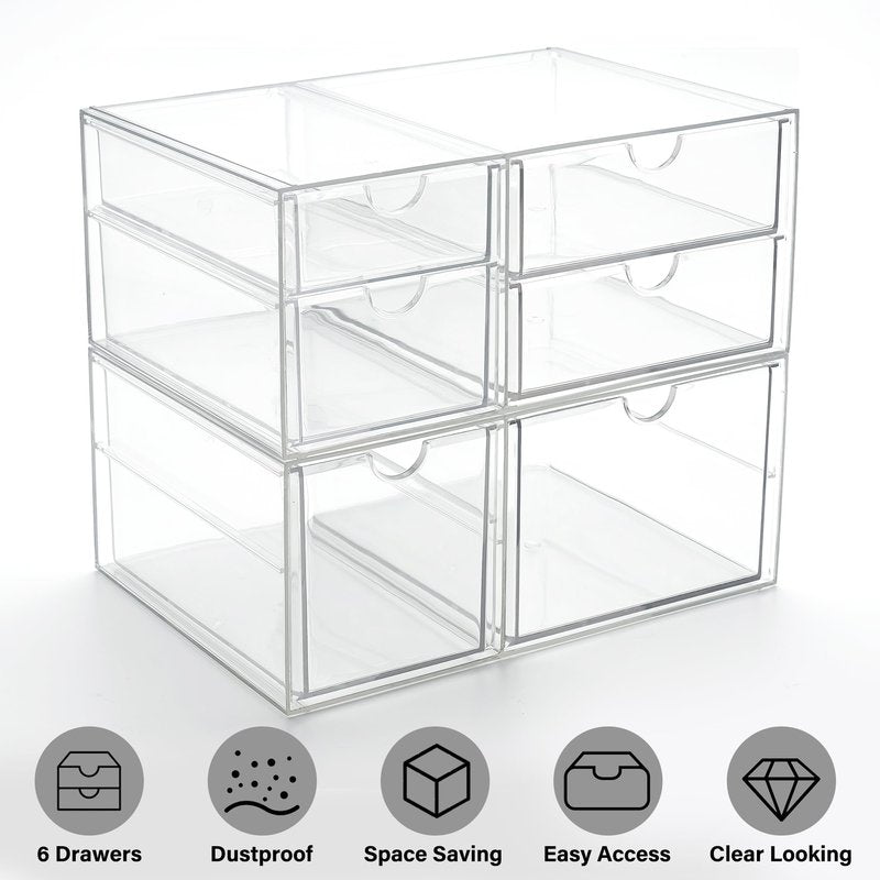 Prsildan Acrylic Drawer Makeup Organizer with 6 Drawers (Not for Baby Bottle), Set of 2 Office Desk Organizers Accessories, Clear Stackable Storage Drawers for Vanity, Craft (Largest Drawer 4" Tall)