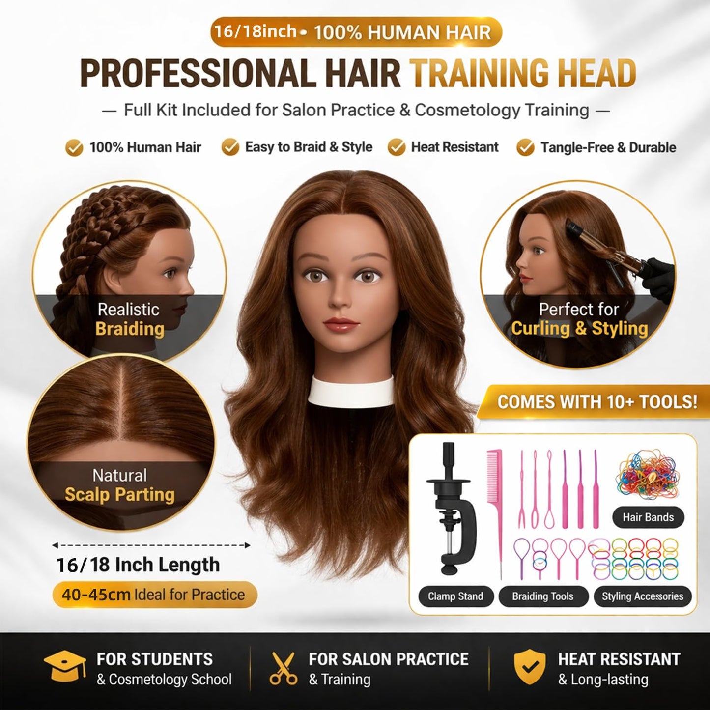Mannequin Head Human Hair 16 Inch, 100% Real Human Hair Cosmetology Mannequin Head with Clamp Stand, Professional Hair Manikin Doll Head for Braiding, Styling & Hairdresser Training (Brown-16inch)