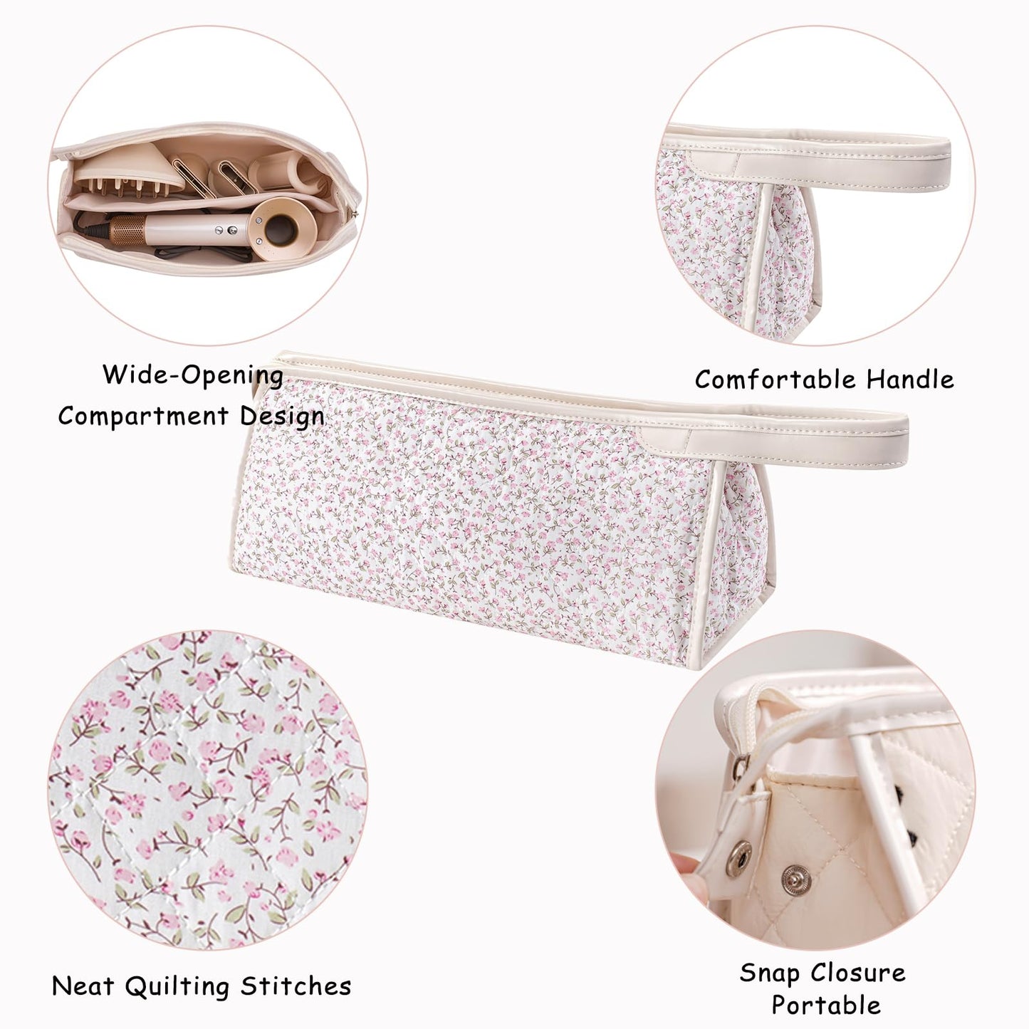 RSRSLEII Large Quilted Hair Tools Travel Bag,Aesthetic Hair Styling Accessories Storage Case for Flat Irons,Straightener,Curling Iron,Hair Dryer,Dyson Airwrap Travle Bag（06Small Pink Flower）
