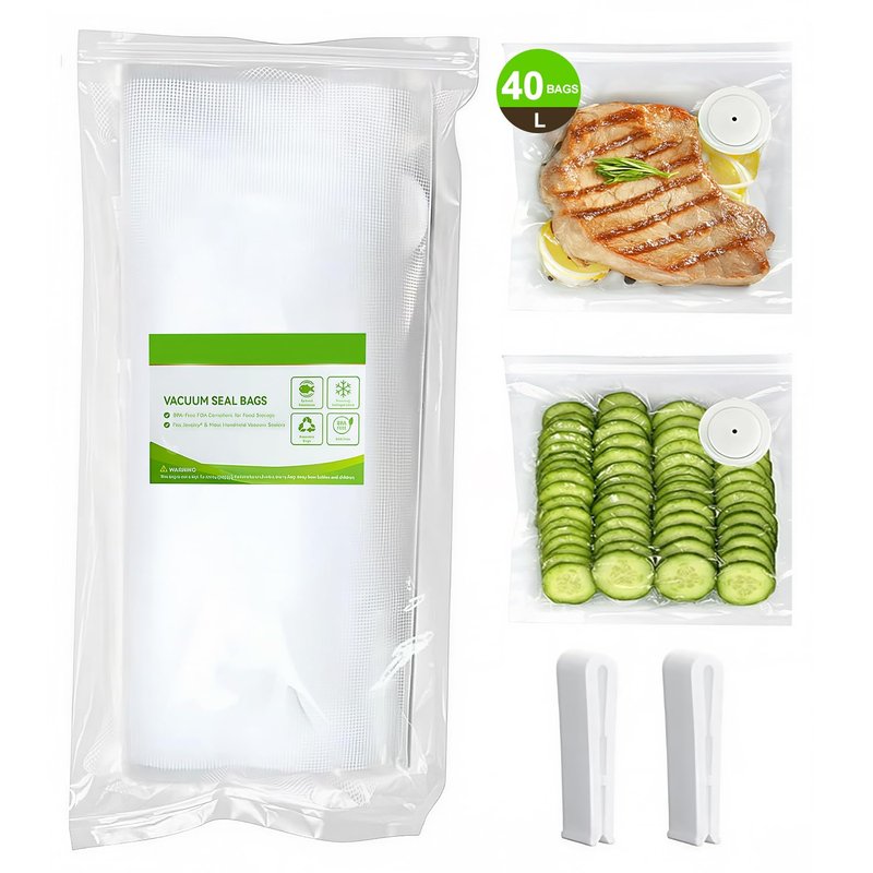 Vacuum Sealer For Food and Vacuum Sealer Bags Large（11.8×13.4in), 40 Reusable Vacuum Sealer Bags for Food and 2 Seal Clips for 10X Preservation & Fresh (Not Contain Vacuum Sealer)-Large Bags