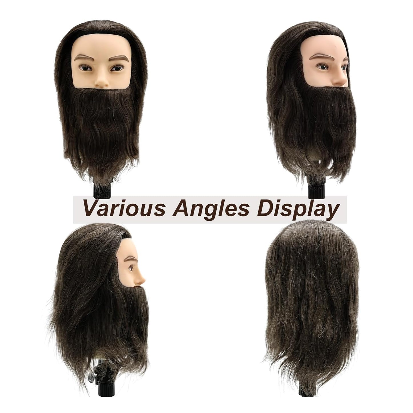 Barber Mannequin Head, 8" Male Mannequin Head 100% Real Human Hair With Beard, Professional Training Doll Manikin Head for Practicing Hair Cutting and Styling, Black