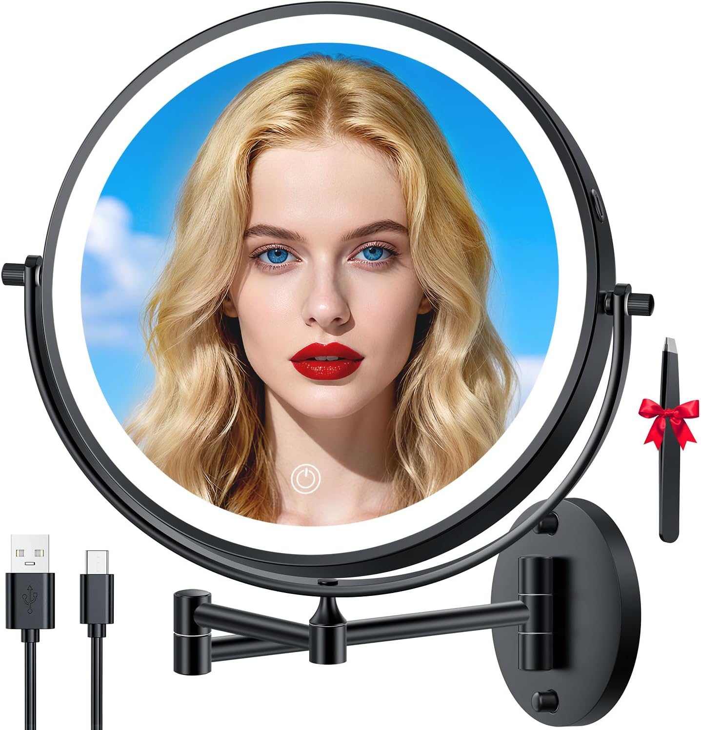 Lighted Makeup Mirror - 1X/30X Double-Sided Magnifying Mirror with 3 Color Touch Dimmable Lights | 8" Rechargeable, 360° Rotating Arm, Brushed Nickel