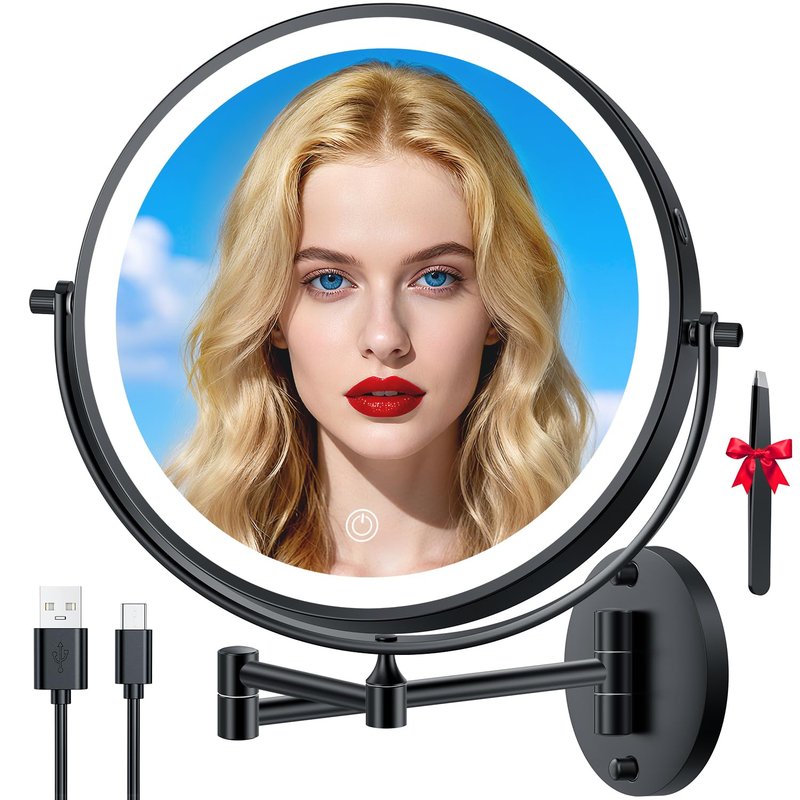 10'' 30X/1X Wall Mounted Lighted Makeup Mirror, 5000mAh Rechargeable Double-Sided Magnifying Mirror with Light, LED Vanity Mirror Touch Dimmable 3 Colors 360° Rotation Extended Foldable Arm, Black