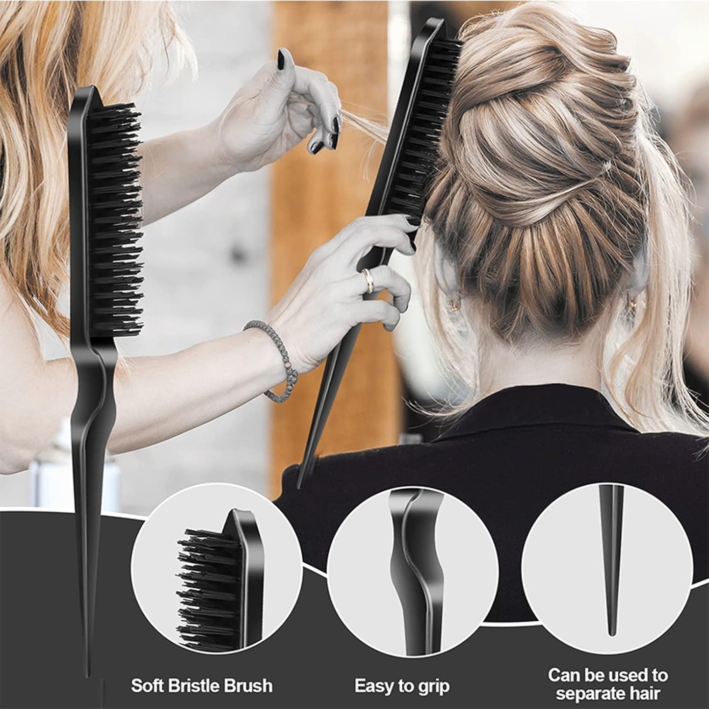 Slick Back Hair Brush Set - 3 Pcs Rat Tail Comb & Bristle Brush | Perfect for Kids & Toddlers' Sleek Ponytails & Edges