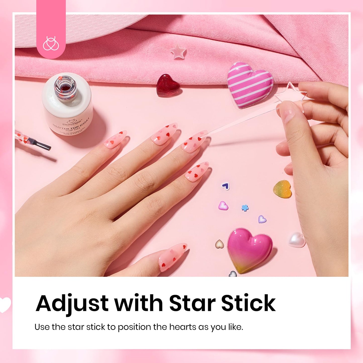 Beetles Heart Glitter Top Coat Gel Polish, 15ml Clear Shine Pink & Red Heart Shape Gel, Soak Off UV No Wipe Gel Top Coat Sparkle Nail Gift for Women