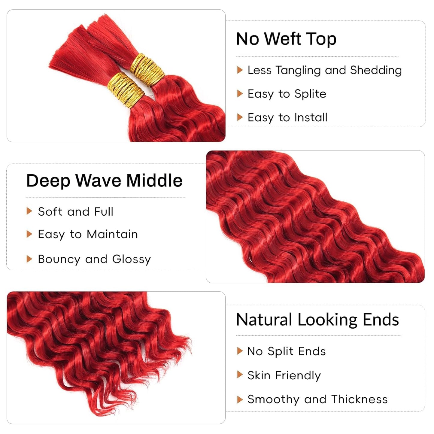 28 28 28 Inch Red Boho Human Hair Braiding Red Human Braiding Hair For Boho Braids Deep Wave Braids Bulk Bohemian 3 Bundles/Pack 150g