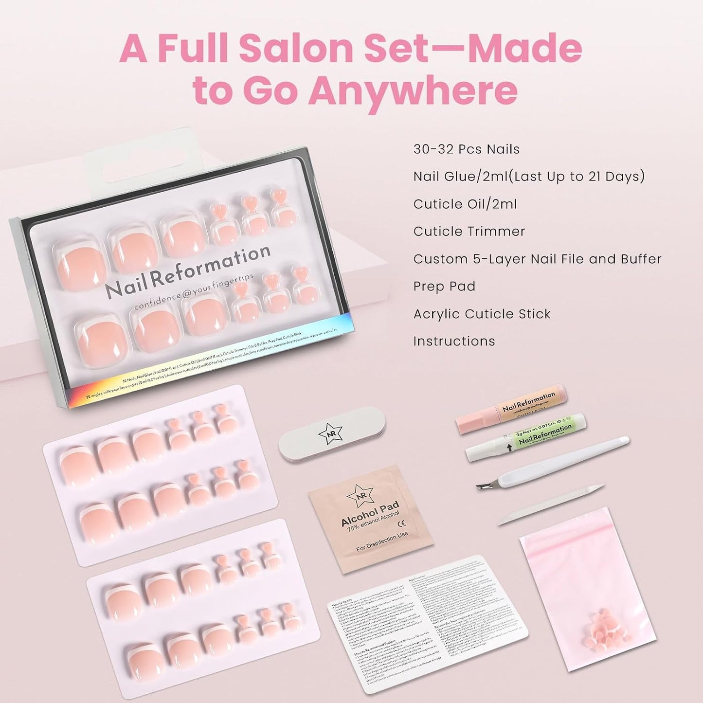 Press On Toenails - Sheer Pale Pink Short Square Fake Toe Nails with White French Tip | Reusable Pedicure Kit - 32 Pcs / 16 Sizes