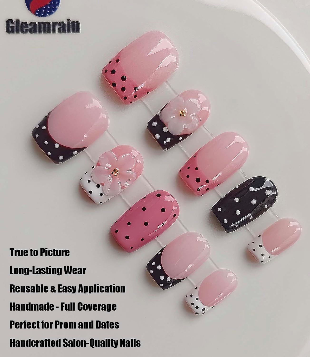 Pink Press On Nails - Handmade Short Square Style | M Size Daily Wear Y2K Cute French Design with Polka Dot & 3D Flowers - 10 Pcs