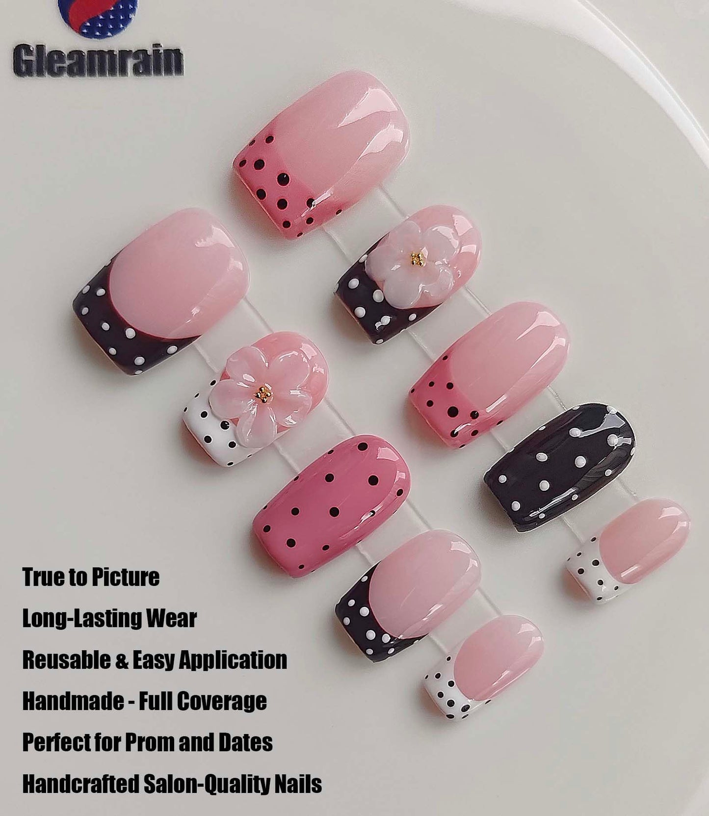 Gleamrain Pink Press on Nails Handmade Short Square-Ins Style M Size-Daily Wear Y2K Cute French Artificial Nails Press Ons Polka Dot and 3D Flower Design for Women 10Pcs Gleamrain Design 405