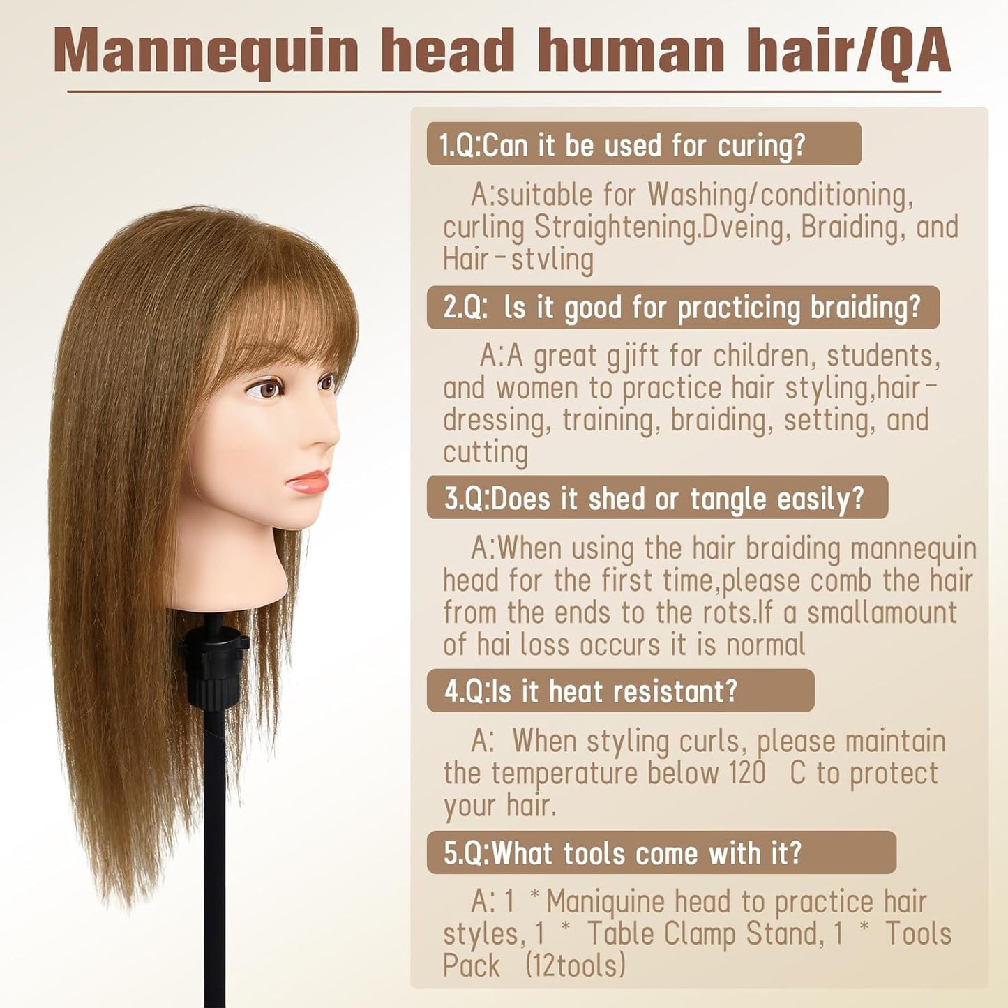 Realistic Human Hair Mannequin Head - 22" Light Brown Cosmetology Training Doll with Clamp & Styling Tools