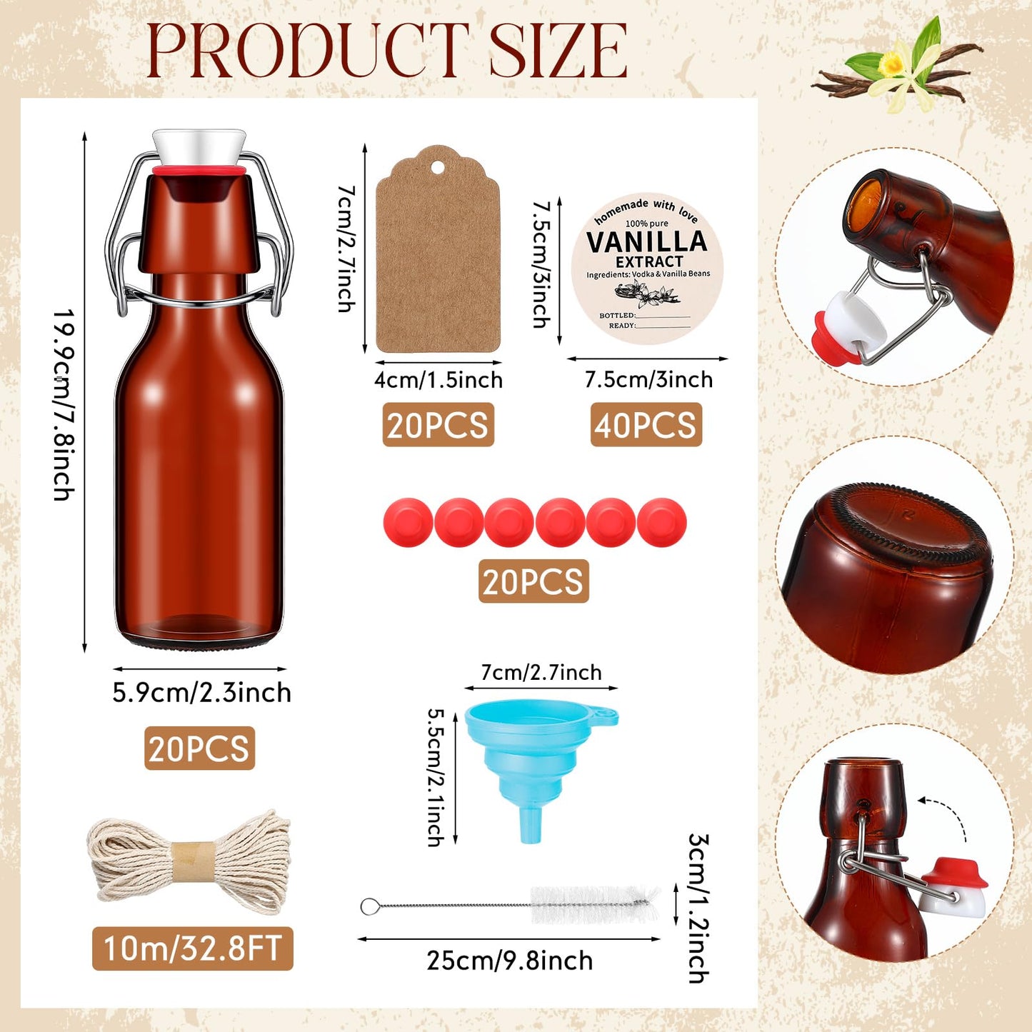Vesici 8 Sets Swing Top Glass Bottles Set Amber Homemade Vanilla Extract Bottles Vanilla Extract Jars for Christmas DIY Crafts (8 Oz)