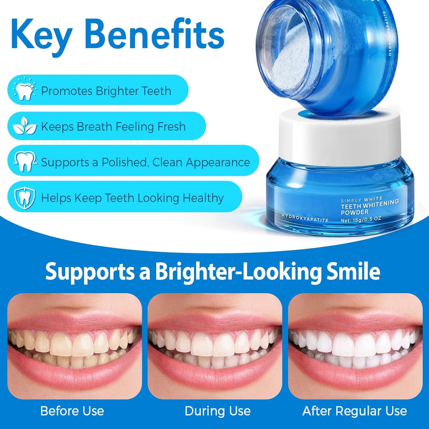 Teeth Whitening Powder - Enamel-Safe Hydroxyapatite Formula - Gentle, No Sensitivity - 15g for Long-Lasting Freshness