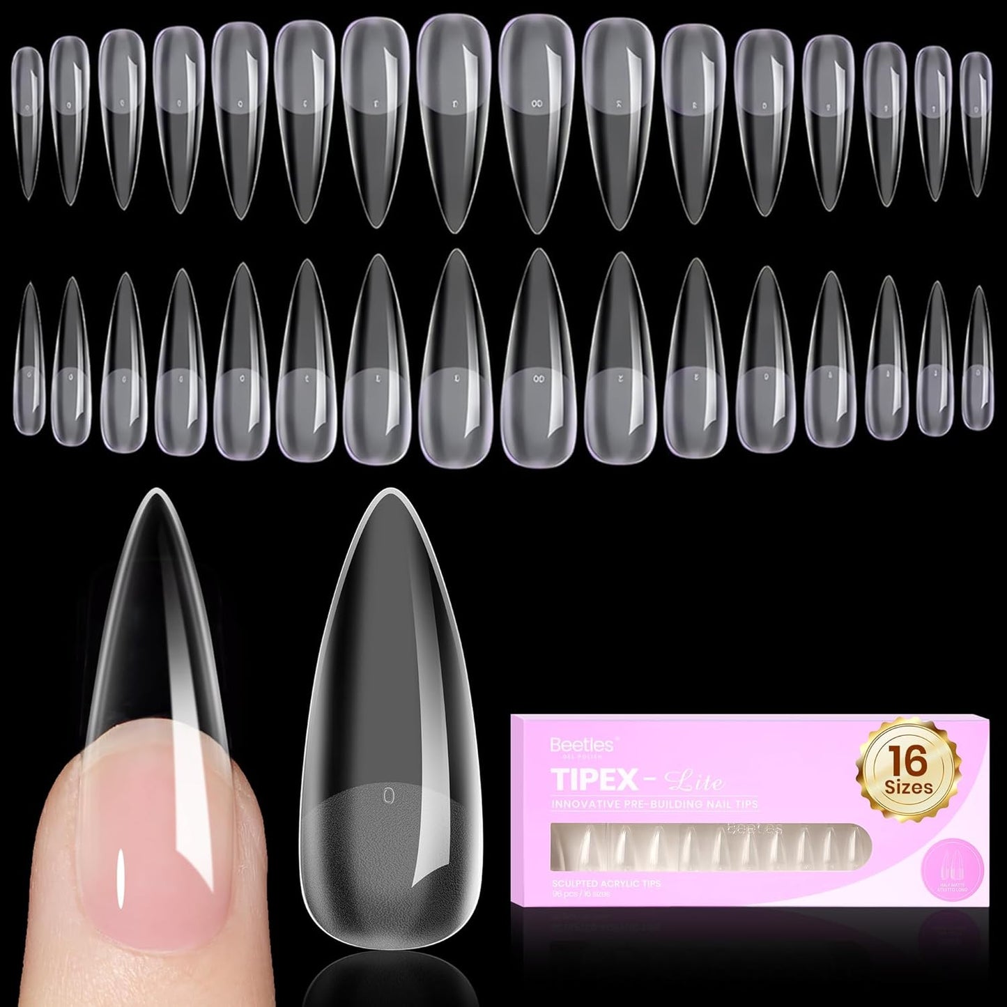 Beetles Nail Tips - XXL Stiletto Instant Apex for DIY Salon Extensions | 160pcs in 16 Sizes (00-14)