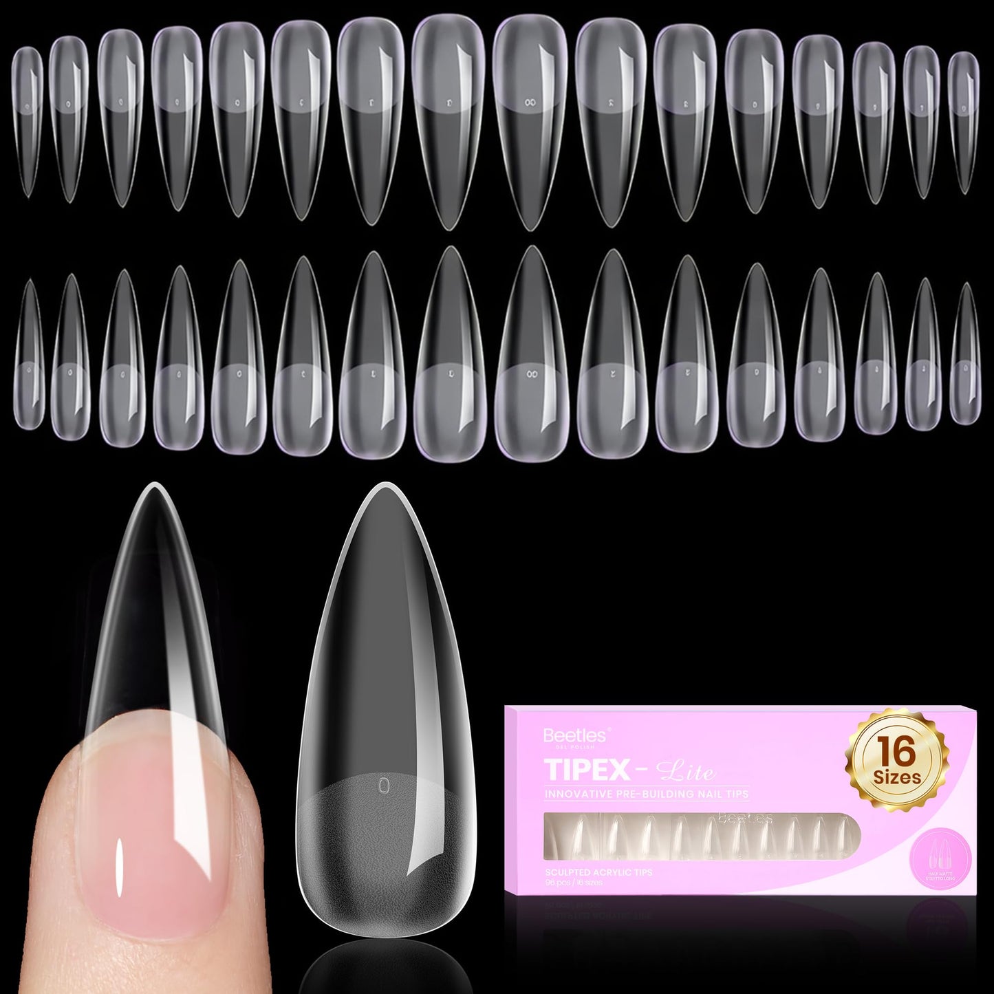 Beetles Tipex Lite Instant Apex Nail Tips, Long Stiletto, No Builder Gel Needed, 16 Sizes 00-14 for DIY Salon-look Extensions