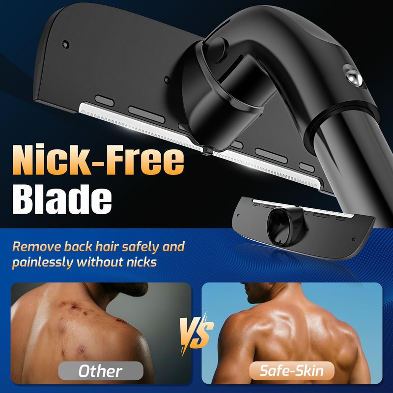 VEYLA Nick-Free Back Shaver for Men, 17.7" Extendable Aluminum Alloy Long Handle, 4.9" Wide Replaceable Blade, Safe for Sensitive Skin, Wet or Dry Use DIY Full Body Hair Remover (2 Blades Included)