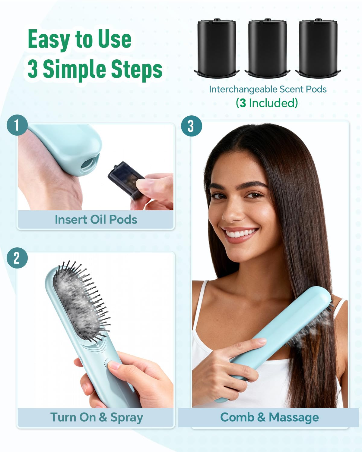 BONNET QUEEN Multifunction Electric Mist Hair Brush for Curly Hair, Hair Oil Applicator & Scalp Massager, Deep Conditioning, Frizz Control, Cordless Hairbrush for Home & Travel, Green
