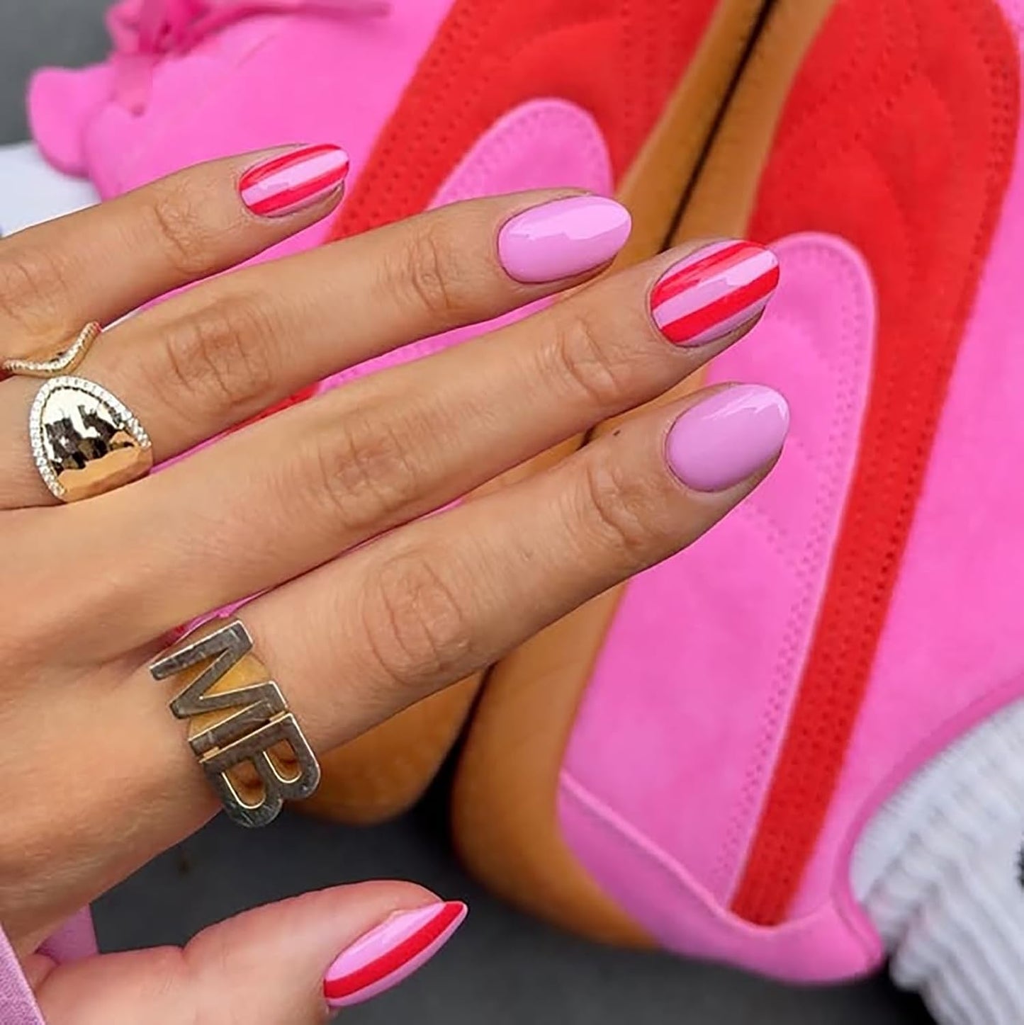 Short Press-On Almond Fake Nails - Rose Pink Acrylic with Glossy Stripe Designs | Reusable Full Cover Nails for Women