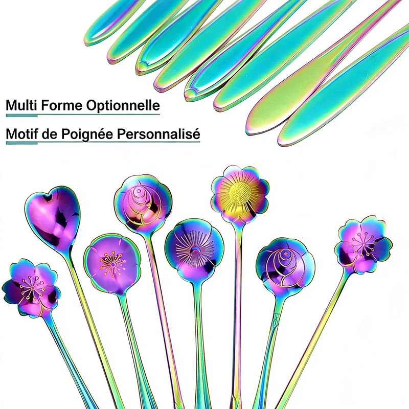 SelfTek 8Pcs Rainbow Flower Spoon Set, 2 Different Size Colorful Stainless Steel Reusable Coffee Sugar Stirring Dessert Cake Tea Scoops Table Mixing Ice Tea Spo-on
