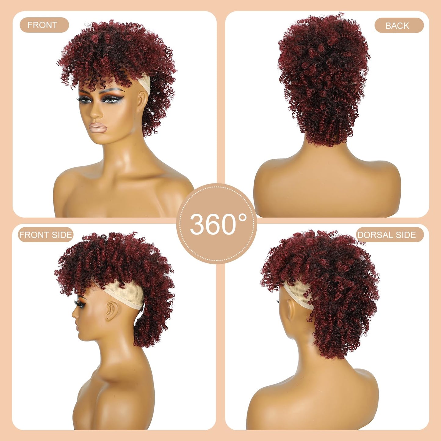 Mohawk Wig Kinky Curly Red Ponytail Extension with Bangs,Short Burgundy Mix Black Curly Synthetic Clip in Mohawk Ponytail with Six Clips and Two Combs Fluffy Red Hair for Daily Party Use 1B/BUG