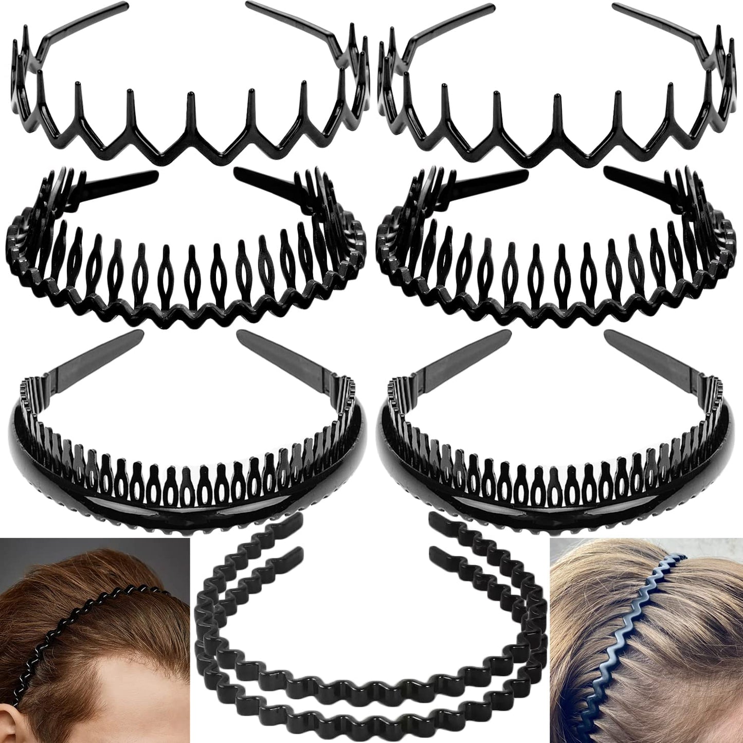 Effortless Black Plastic Headbands - 8 PCS No-Slip Hair Accessories for Women, Men & Teens