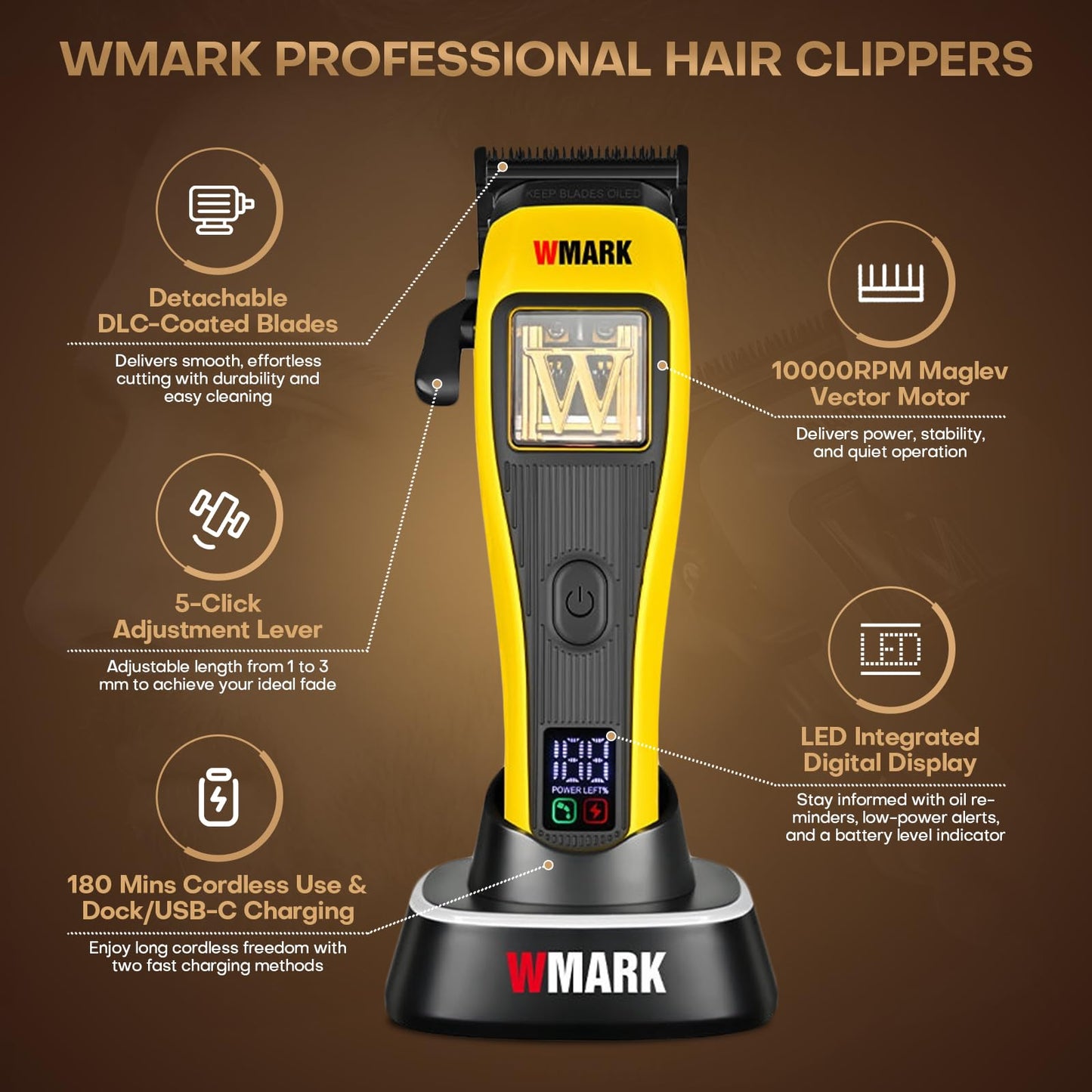 WMARK Hair Clippers for Men Professional Barber Clippers for Hair Cutting Kit Cordless Hair Clippers Maglev Vector Motor 10000RPM, LED Display, DLC Fade Blades, USB-C Rechargeable NG-X1 Plus