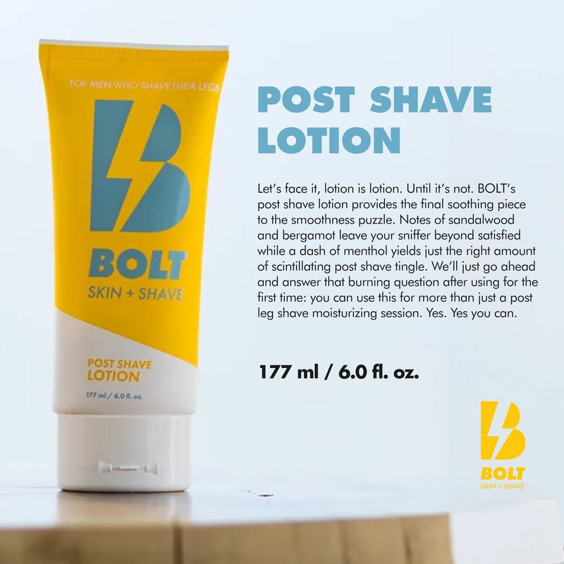 Bolt Skin + Shave - Post Shave Lotion for Men - Sandalwood & Bergamot Moisturizer with Cooling Menthol - Soothes, Hydrates, and Refreshes Skin After Shaving - Ideal for Legs, Arms, and Body - 6 Fl Oz