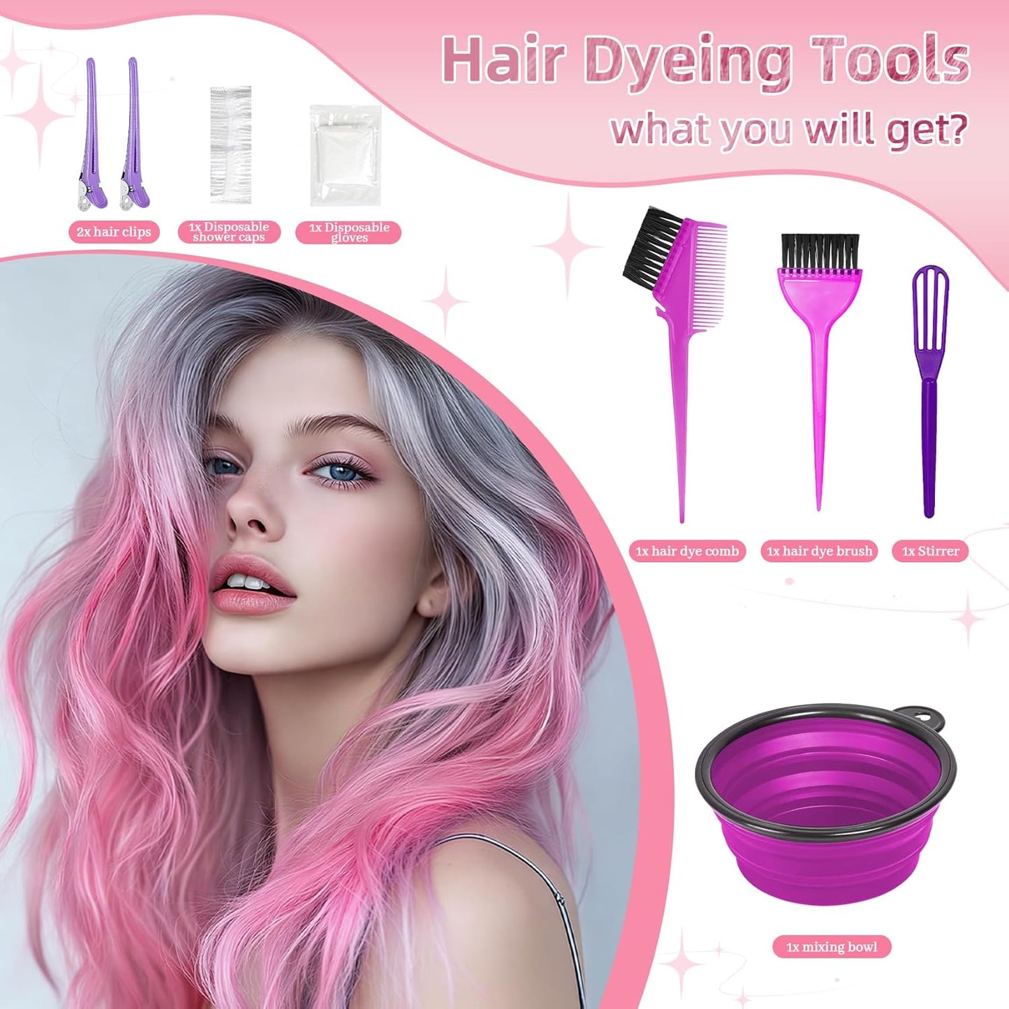 Hair Coloring Kit - 8 Professional Dye Tools for Home Salon Use | Bowl, Brush, Comb, Clips, Gloves & Cap - Purple