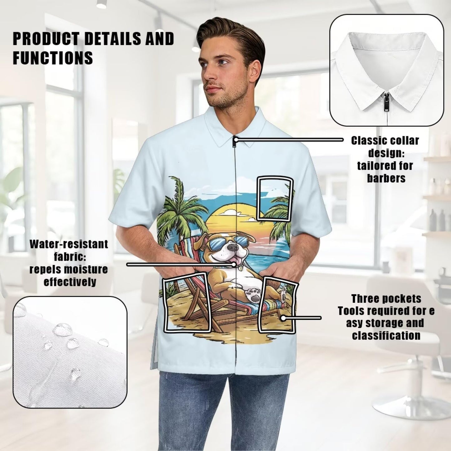 Srengjodk Dog Print Waterproof Hair Cutting Capes For Adults Stretchy Dog Grooming Smock Unisex Cobbler Apron With 3 Pockets Breathable Chef Waiter Work Shirt Xl XL