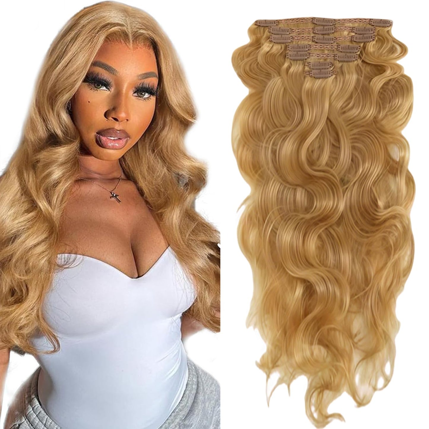 #27 Blonde Clip in Hair Extensions Real Human Hair, 30 Inch 120g/7Pcs,Full Shine Remy Human Hair,Honey Blonde Long Wave Clip ins Brazilian Virgin Human Hair Extensions