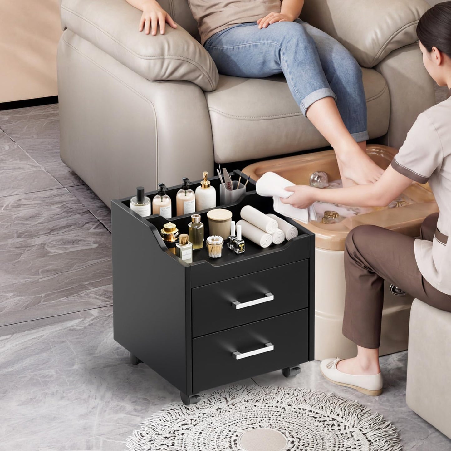 OmySalon Pedicure Cart, Foot Bath Trolley with 2 Storage Drawer, Portable Nail Esthetician Cart for Manicure & Foot Massage, Beauty Spa Supplies with Locking Wheels, Black