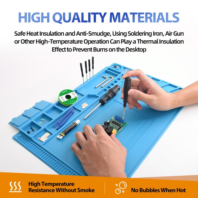 Professional Silicone Soldering Pad 932°F Heat-Resistant - 17.7“ x 11.8” Anti-Static Repair Workstation with Magnetic Area and Electronics Screw Storage Box