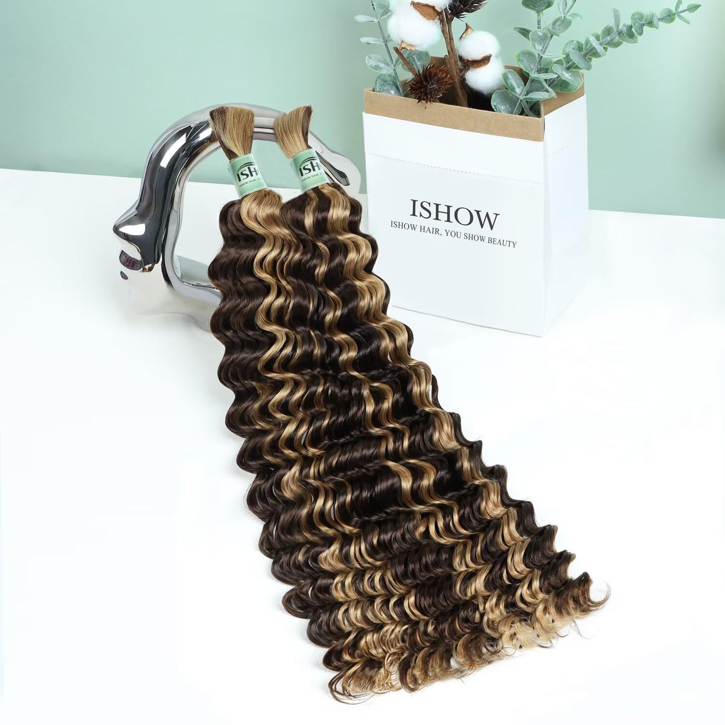 ISHOW Raw Human Braiding Hair 100% Unprocessed Virgin Human Hair 15A Deep Wave Boho Hair 100g 18 Inch (2 Packs) NO.1 Premium Quality Boho Hair Producer Long Lasting Ombre Honey Blonde Color P4/27