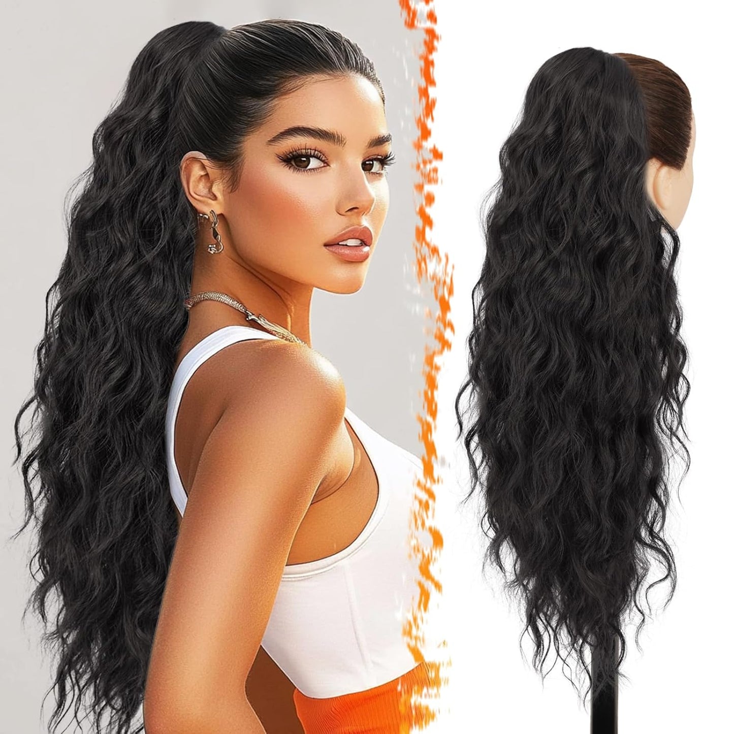 Short Wavy Drawstring Ponytail - 16 Inch Synthetic Clip-In Hair Extensions | Ash Brown Mix