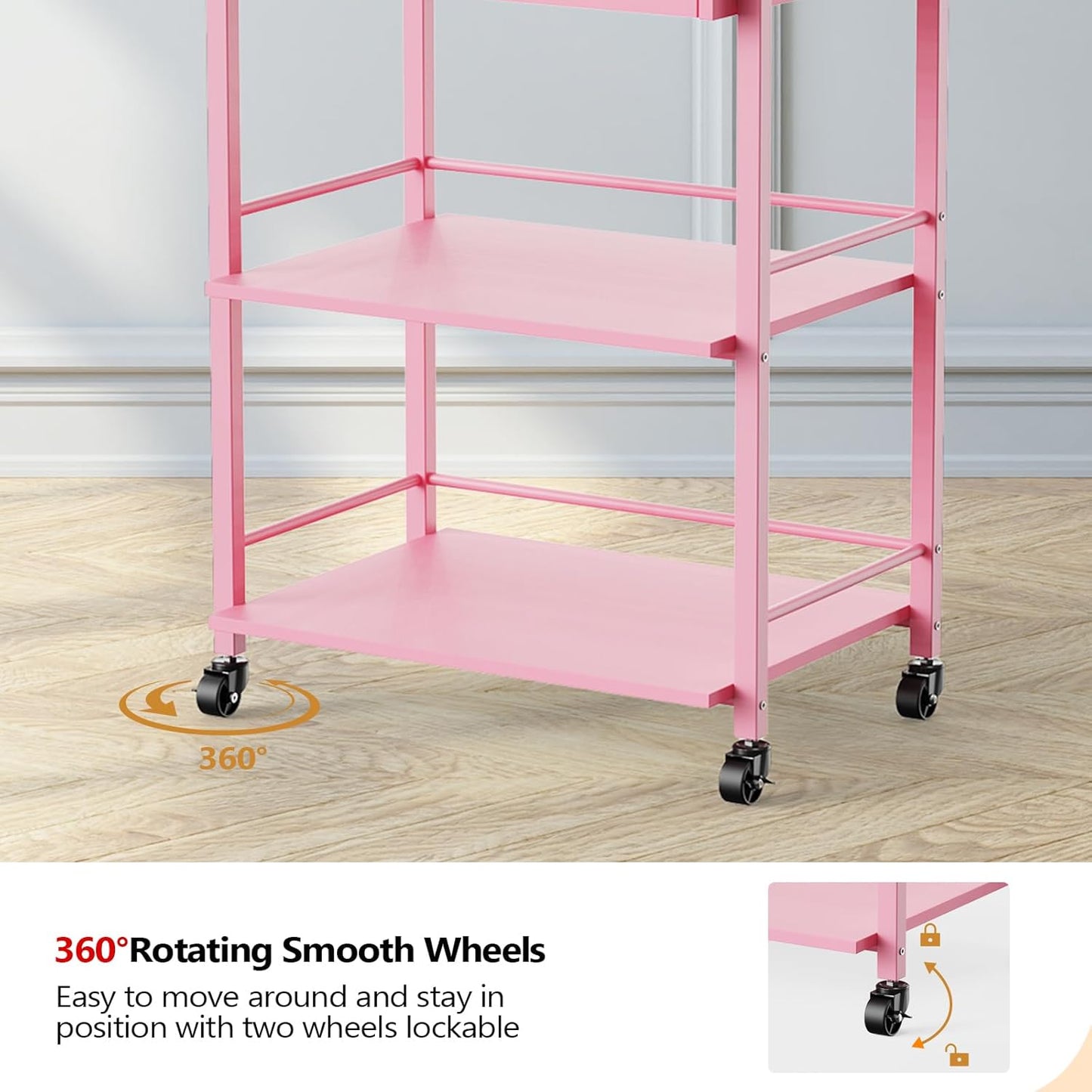 Salon Trolley Cart - Wooden Rolling Storage Station for Beauty | Mobile Utility Cabinet with 1 Drawer & 2 Trays, Pink