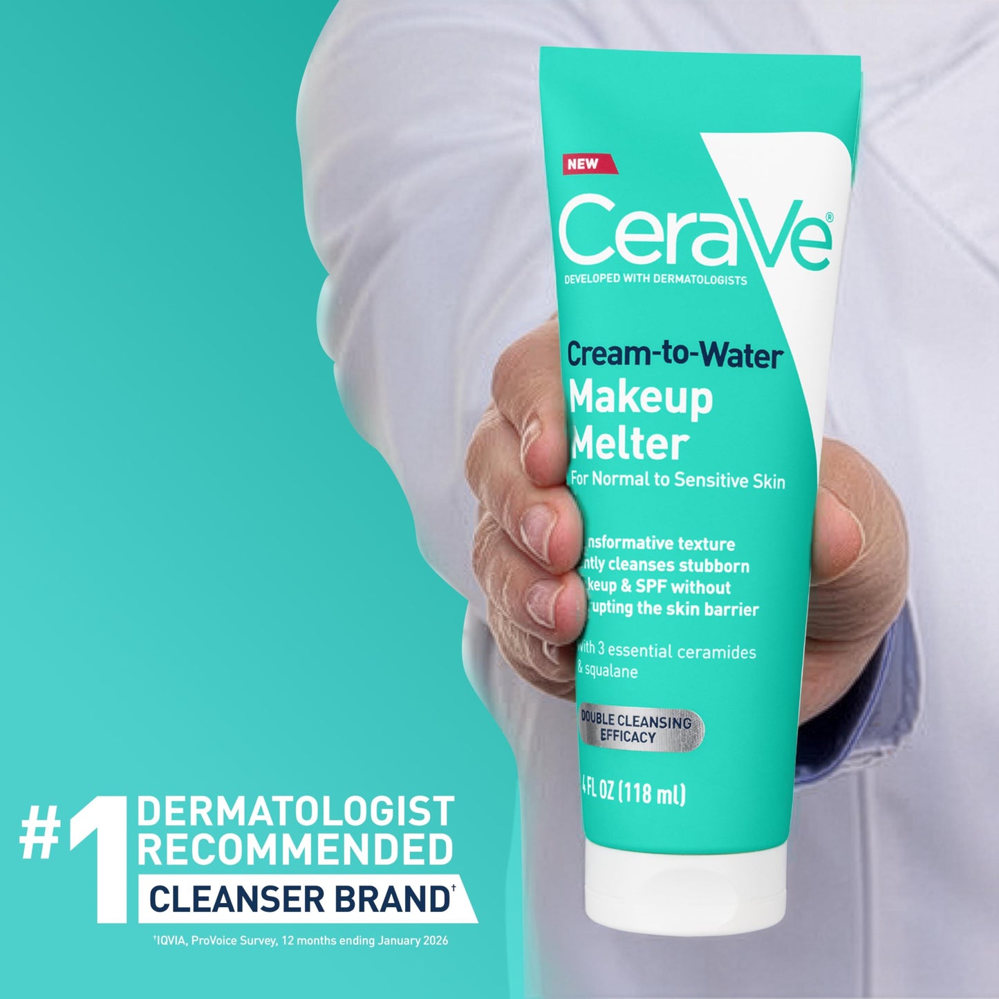 CeraVe Cream-to-Water Makeup Melter with Squalane & Ceramides, Facial Cleanser for Makeup Removal & Double Cleansing & 48h Hydration, Fragrance-Free, Safe for Sensitive Skin, 4 oz