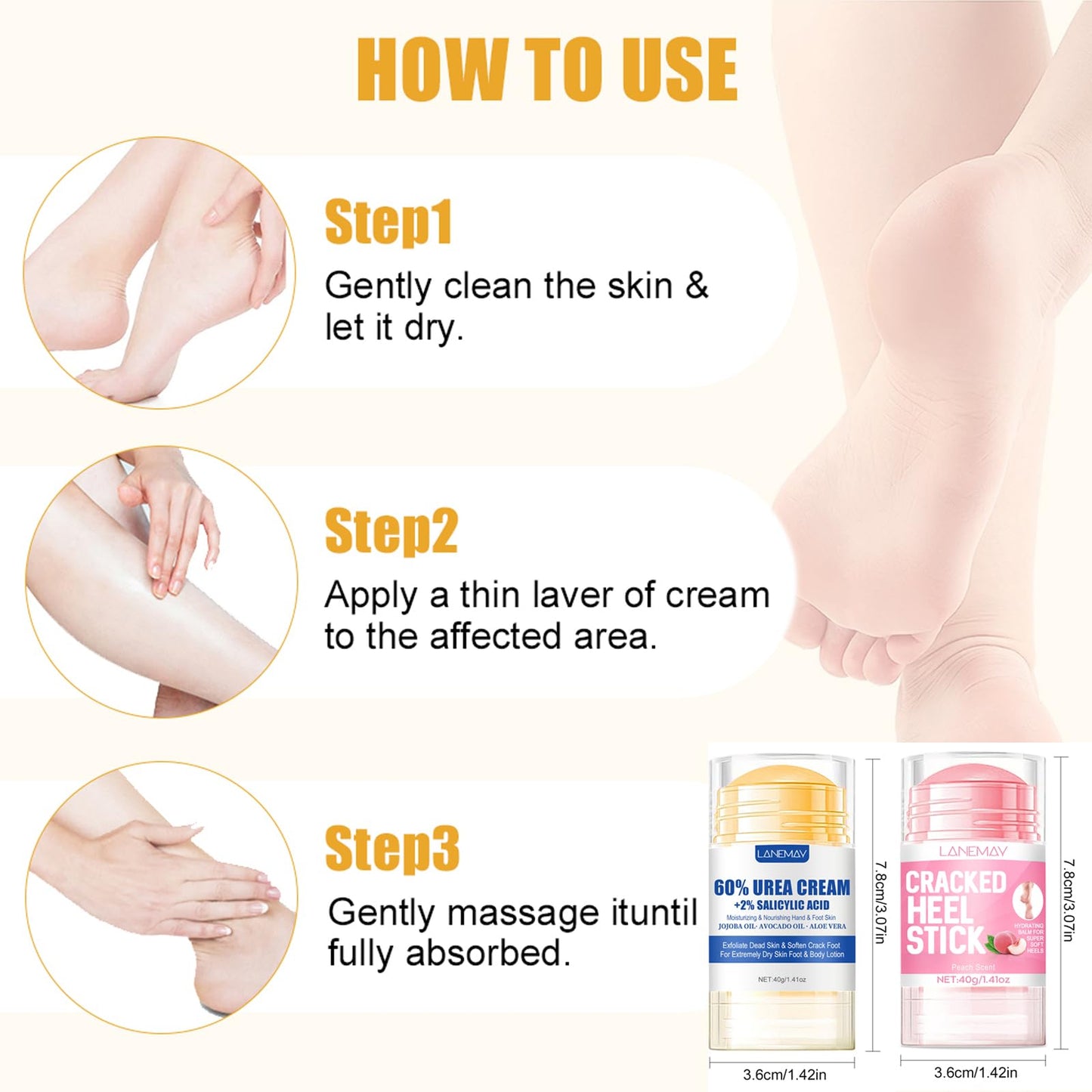 DENESTUP 2Pcs Urea Cream 60% for Feet & Dry Cracked Skin, Cracked Heel Repair Stick Maximum Strength Moisturizing Foot & Hand Balm, Repair Creams for Dry Feet, Knee, Elbow and Hand