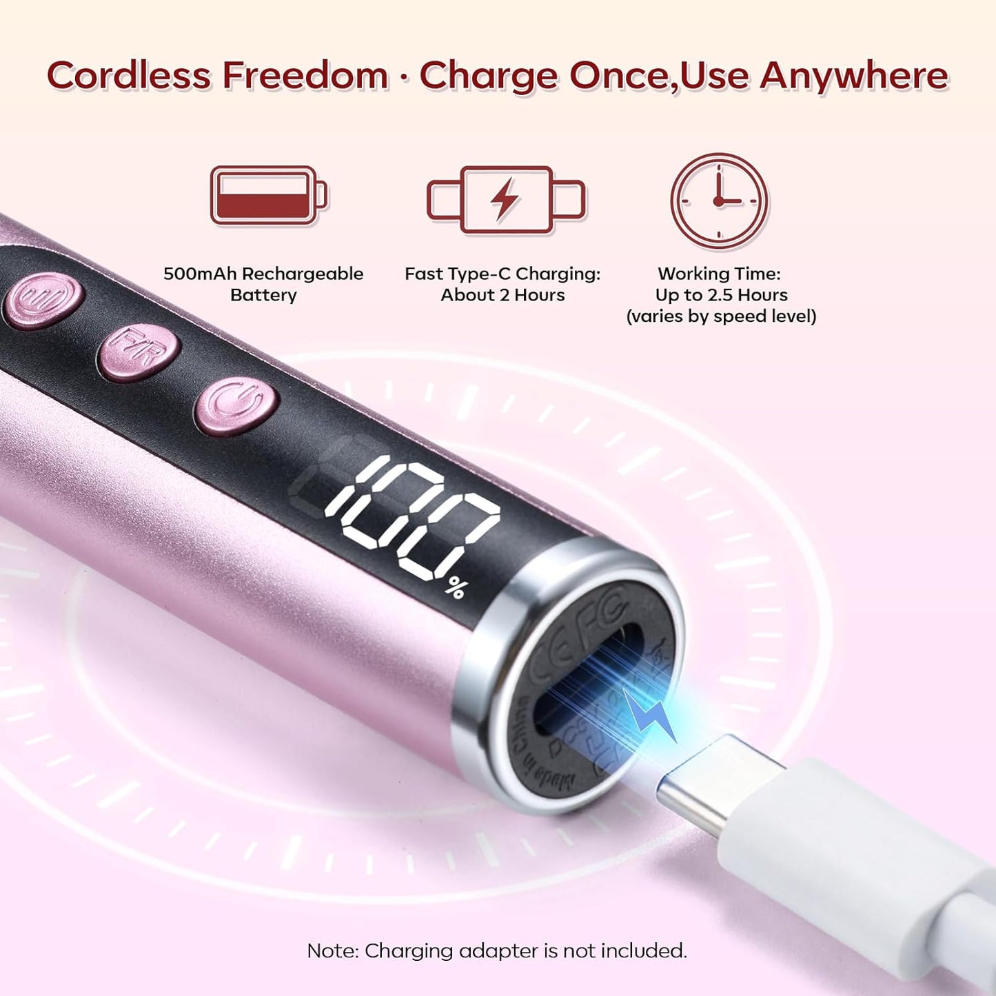 Rechargeable Nail Drill - 25,000 RPM Cordless Electric File | Lightweight E-File Kit for Gel Polish Removal (Pink)