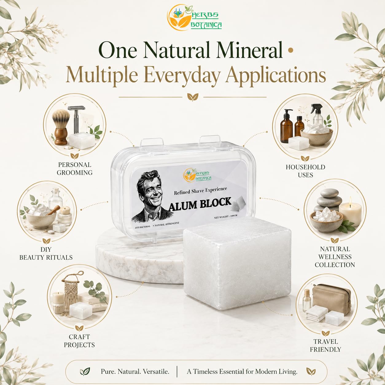 Herbs Botanica Alum Block for Shaving 100% Pure Natural Potassium Alum Crystal Traditional Post-Shave Grooming Block – Unscented Mineral Bar for Men’s Wet Shaving Routine