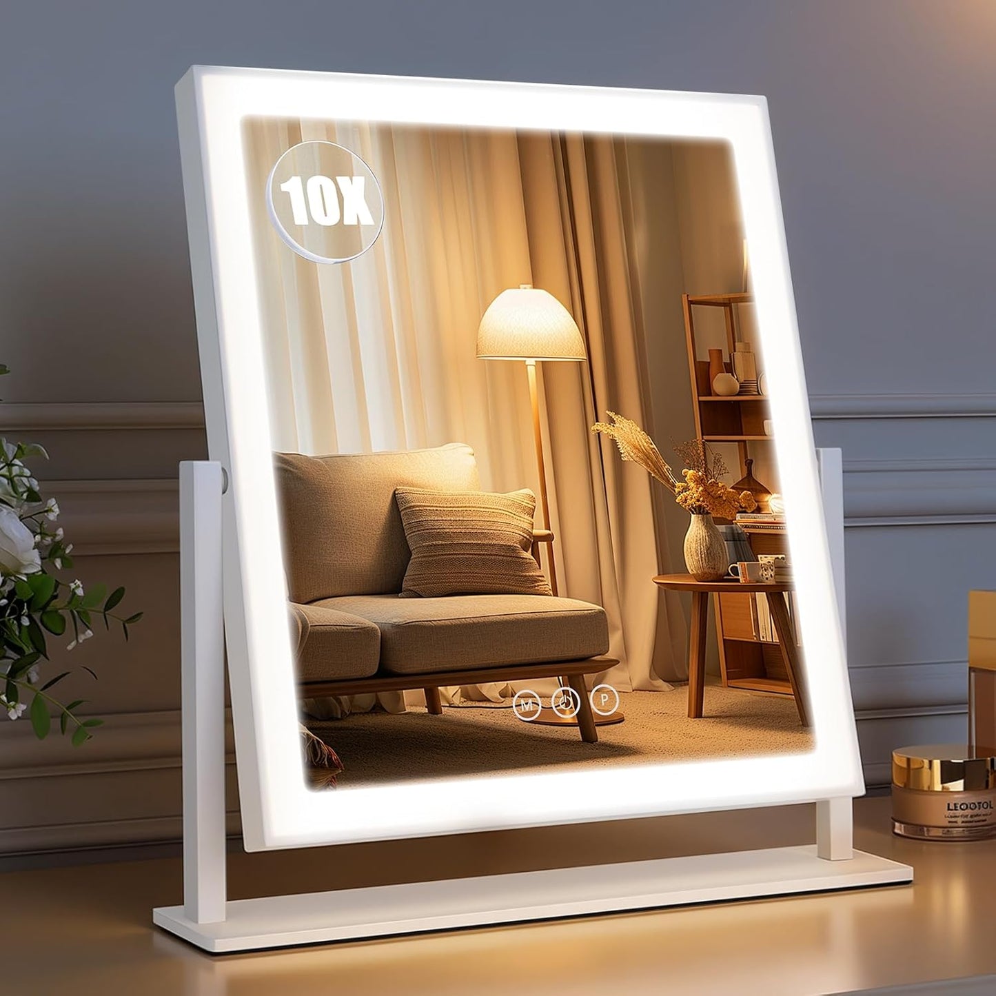 LED Makeup Mirror with Lights - 15" x 12.2" Dimmable Vanity Mirror with Smart Touch & 3-Color Lighting | 360° Rotation, White