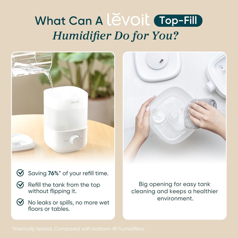 LEVOIT Top Fill Humidifier - 2.5L Quiet Cool Mist for Large Rooms | Easy to Clean, Auto Shut-Off, Ideal for Baby Nursery & Plants