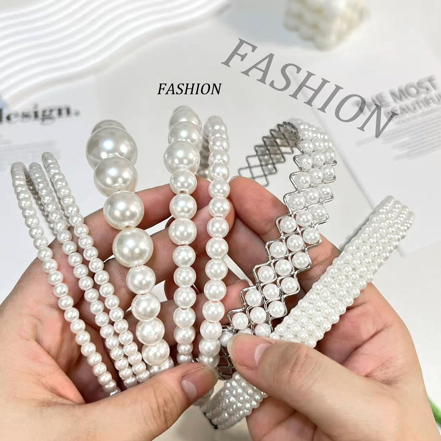 6Pcs White Pearl Headbands for Women | Dainty Bling Hairbands for Weddings & Events