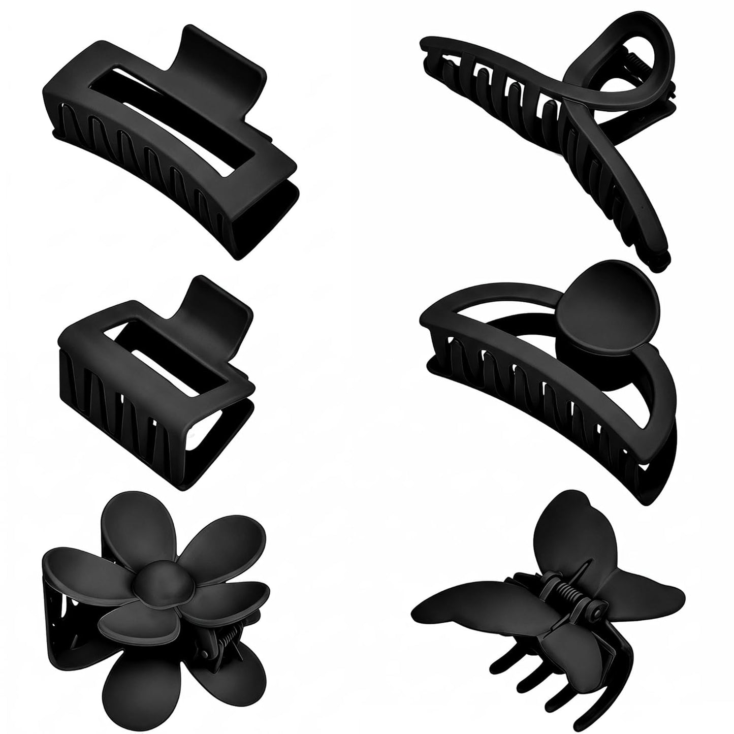 Matte Non-Slip Hair Accessories - 6 Pack Claw Clips for Thin & Thick Hair | Black, Flower, Banana & Butterfly Designs, 1.85-4.5 Inches