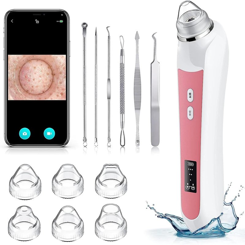 Blackhead Remover Vacuum - USB Pore Cleaner with Camera | 3 Modes & 6 Suction Heads, Light Pink