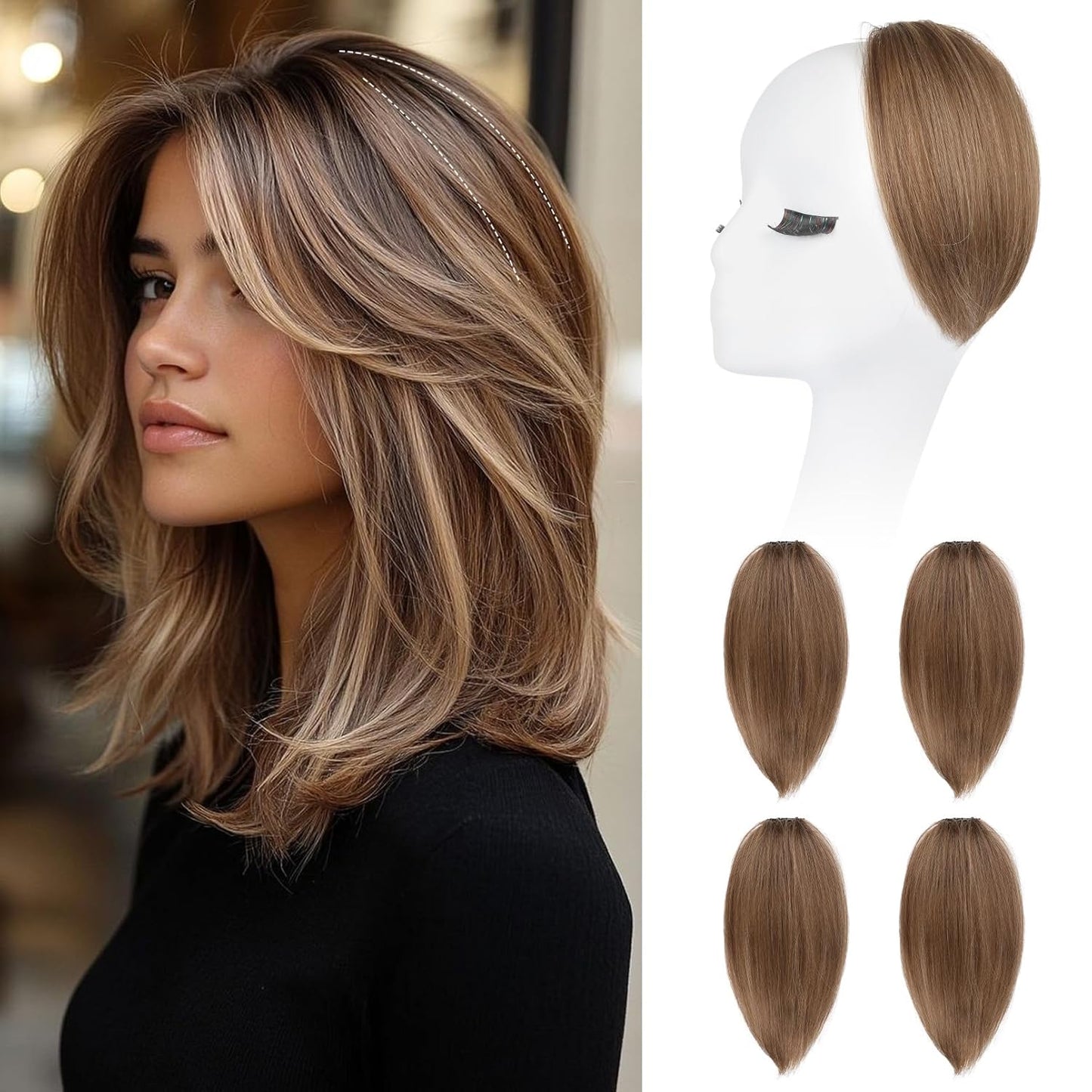 REECHO Clip In Hair Volumizer - Short Thick Hairpieces for Extra Volume | Light Brown with Blonde Highlights, 8 Inch (Pack of 2)
