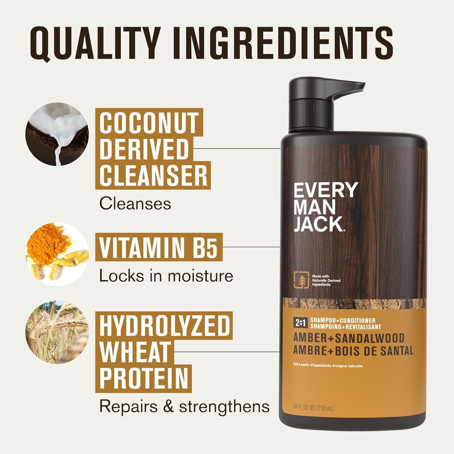 Every Man Jack 2-in-1 Shampoo & Conditioner for Men - Nourishing Amber & Sandalwood | Cruelty-Free | 24oz